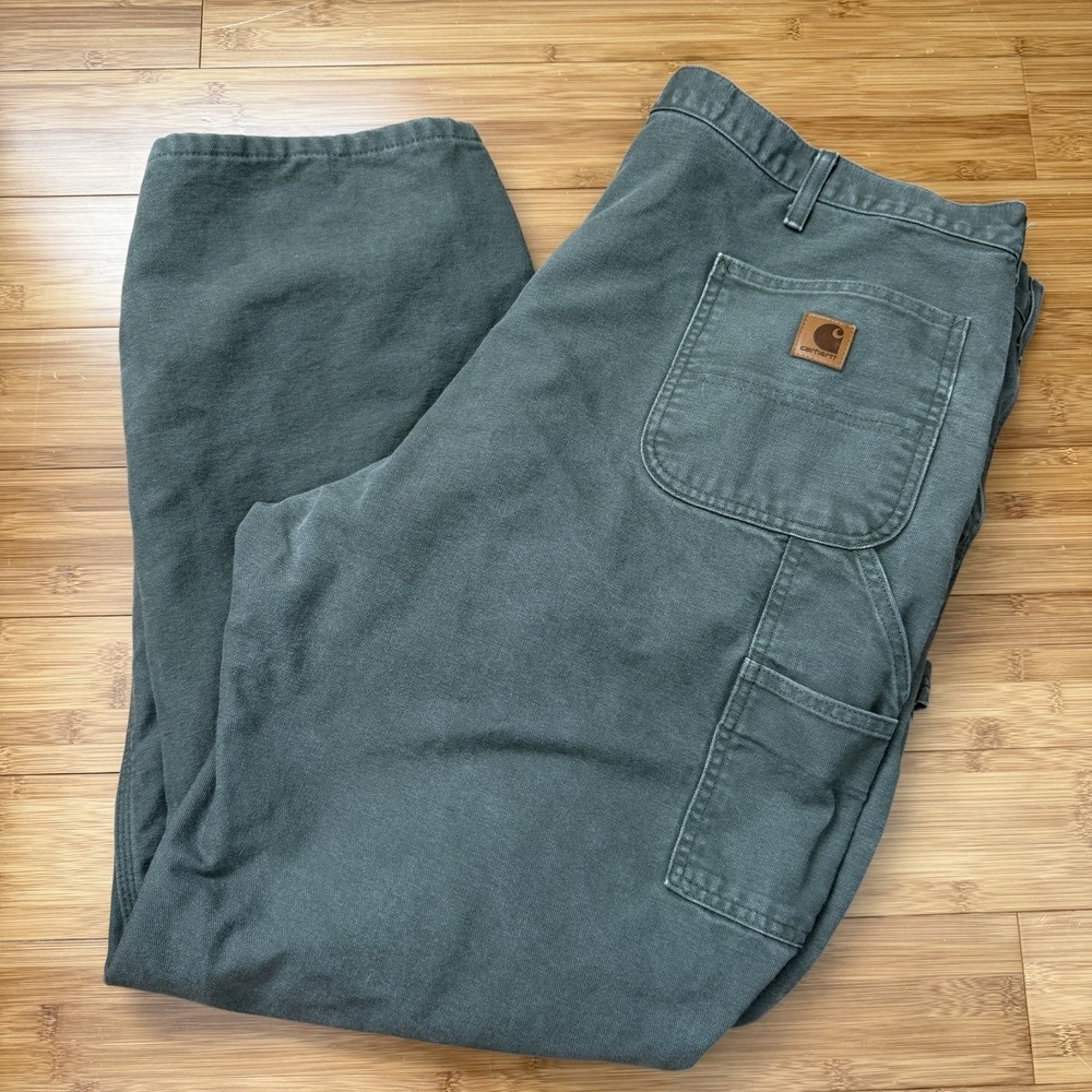 Carhartt Mens Flannel Lined Work Pants 44 x 34 Moss Green Loose Original Fit - Picture 1 of 6